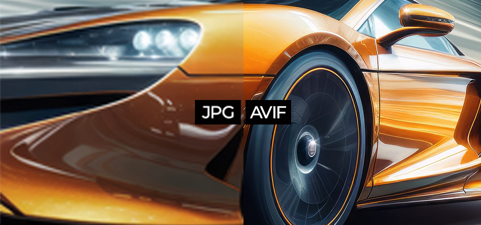 split view of an orange sports car with the left half saved as a low-quality JPG image, and the right side saved as a high-quality AVIF image