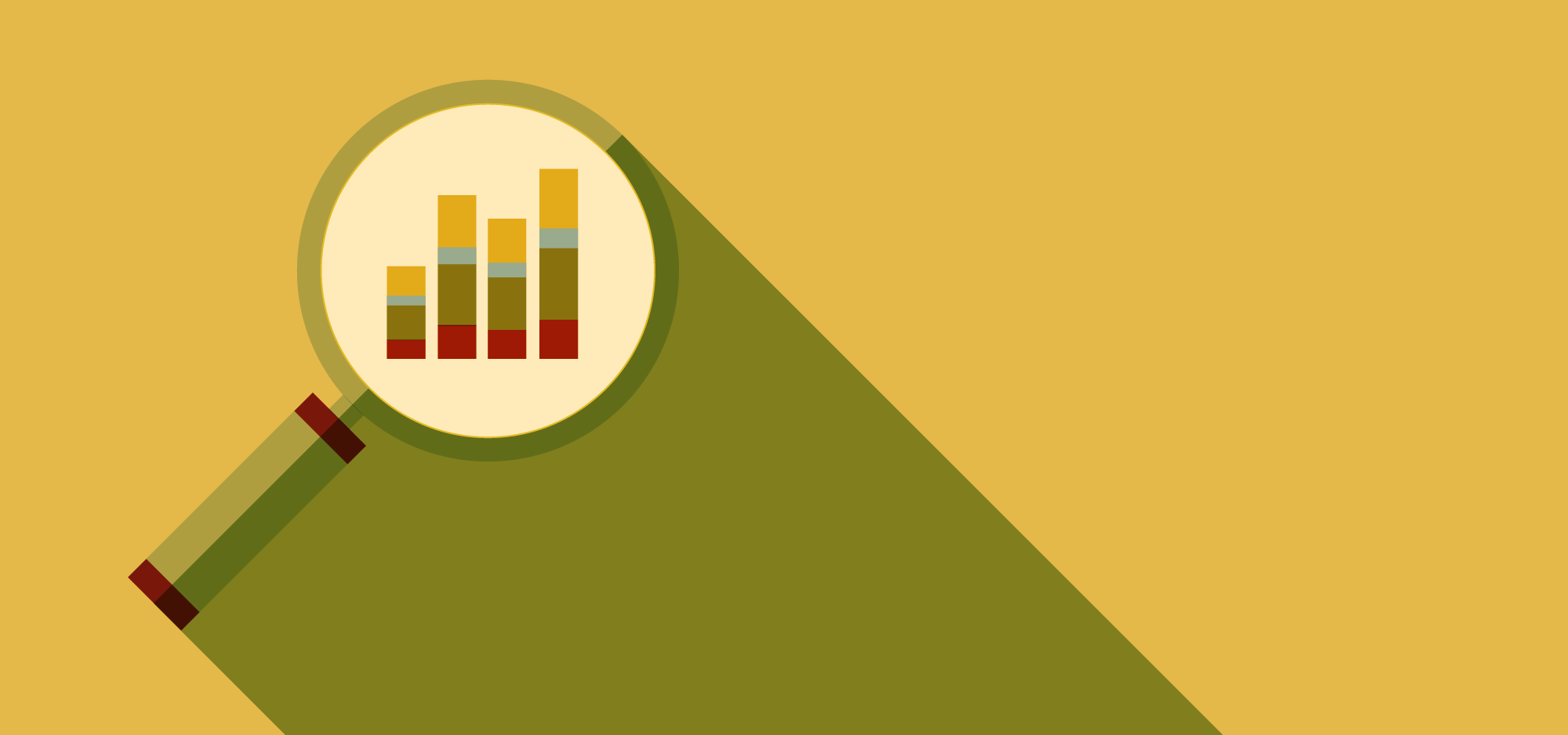 stylized artwork of a magnifying glass showing a red green yeelow and blue bar graph all on a desaturated yellow background