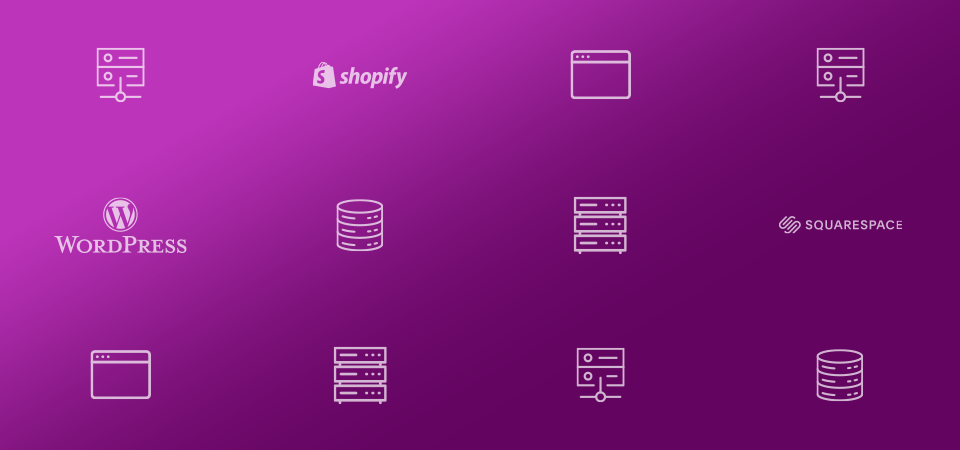 a purple gradient background with icons on various servers, databases, web browsers, and a WordPress logo, a Shopify logo, and a Squarespace logo