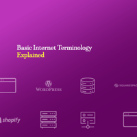 Basic Internet Terminology Explained text on purple background, above icons of servers, web browsers, databases, WordPress, Shopify, and Squarespace