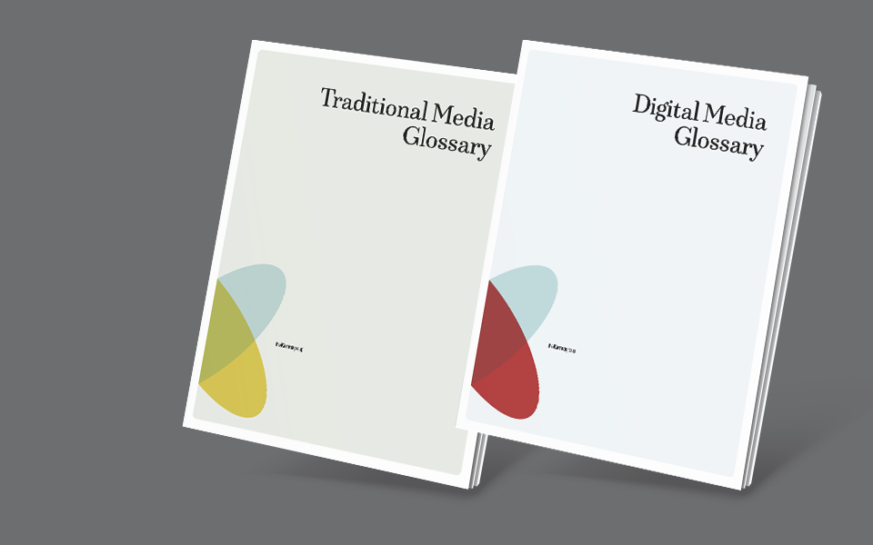 the cover of a Traditional Media Glossary and a Digital Media Glossary by The Karma Group