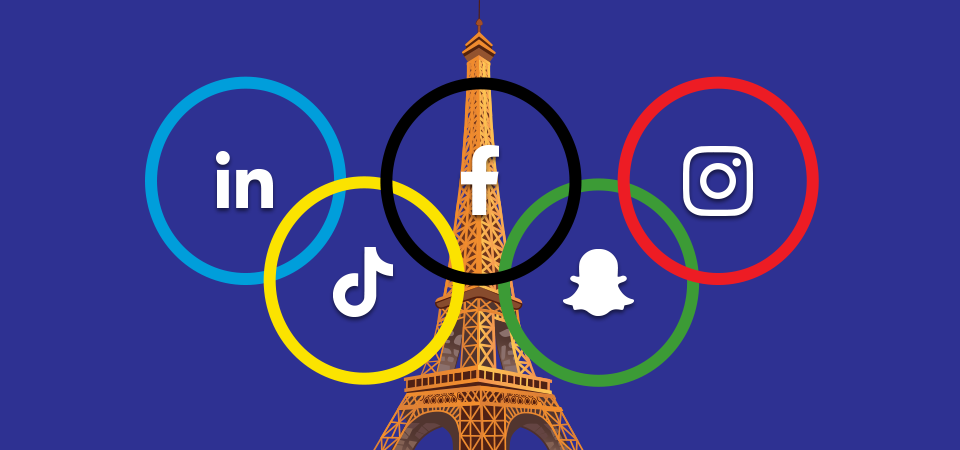 the Eiffel tower on purple with the five Olympic Games rings in front, with LinkedIn, Facebook, TikTok, Snapchat, and Instagram icons inside