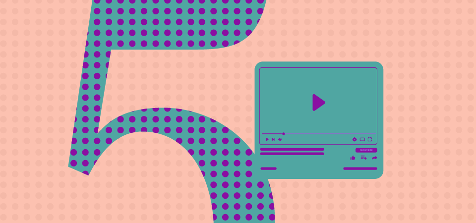 a large blue number 5 with polka dots next to a blue video window on a pink background with light polka dots