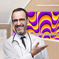 a medical professional in a lab coat points over his shoulder to a wall undulating with dramatic bright colors